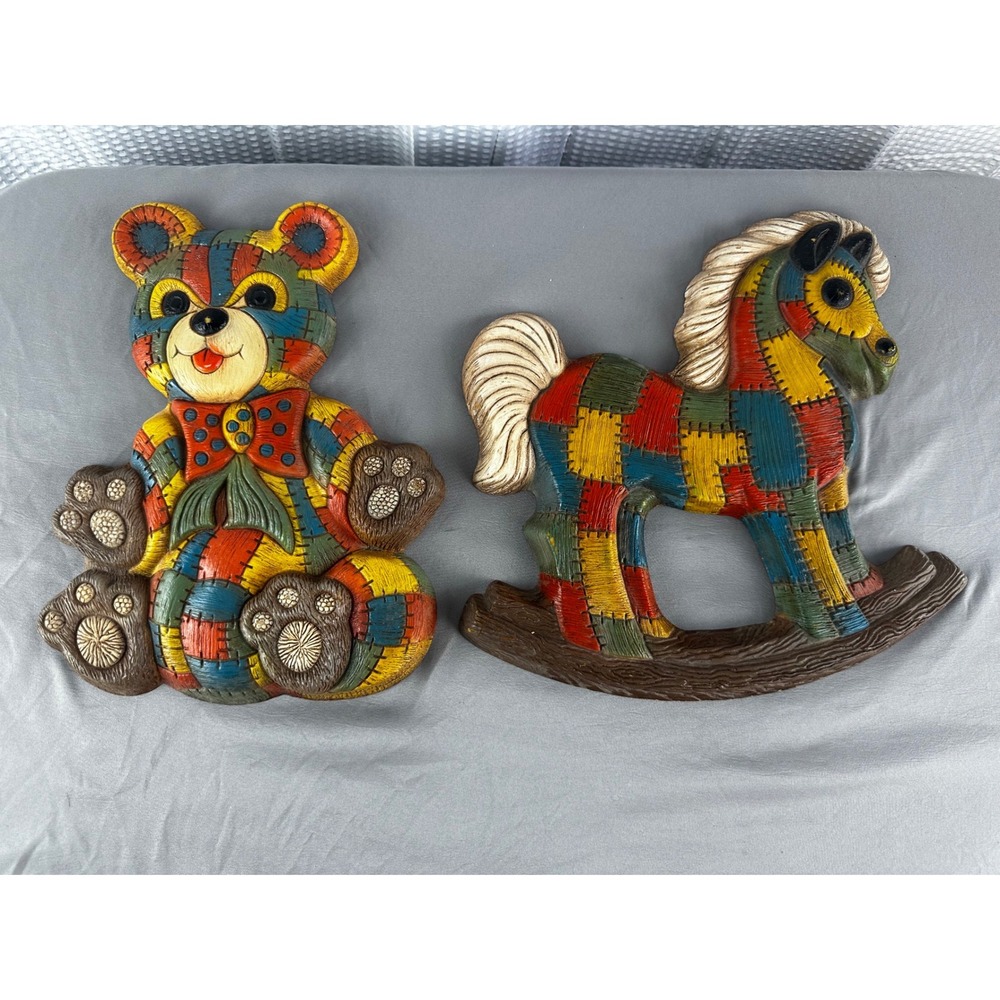 VINTAGE 1970'S Patchwork Rocking Horse & Bear Molded Foam Wall Hangings Set Of 2